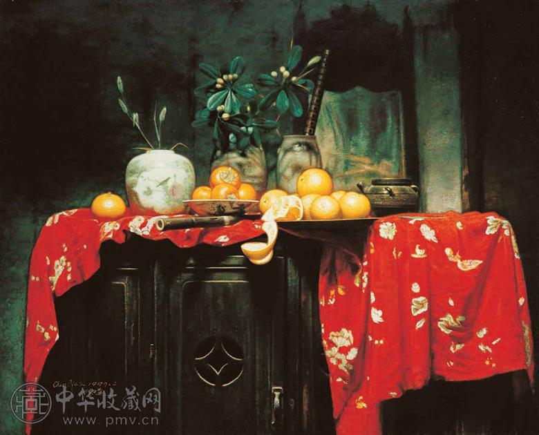 陈子达 1999年作 胡柚 柿子与无患子 油彩 画布
