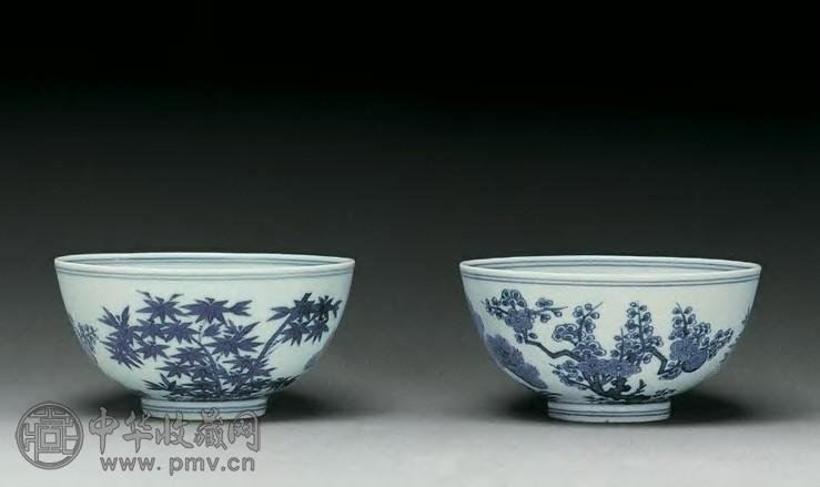 清道光 青花松竹梅纹碗(1对)