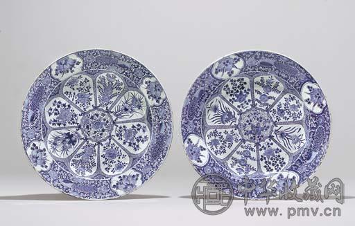 清康熙青花开光花卉纹盘(1对)