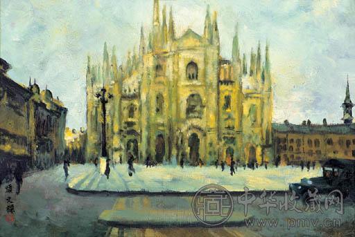 颜文樑 约1960年代作 米兰大寺 油画 木板