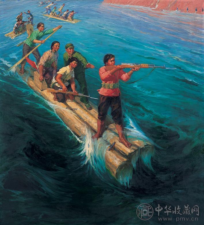 夏培耀 1974年作 大渡河上娘子军 布面 油画