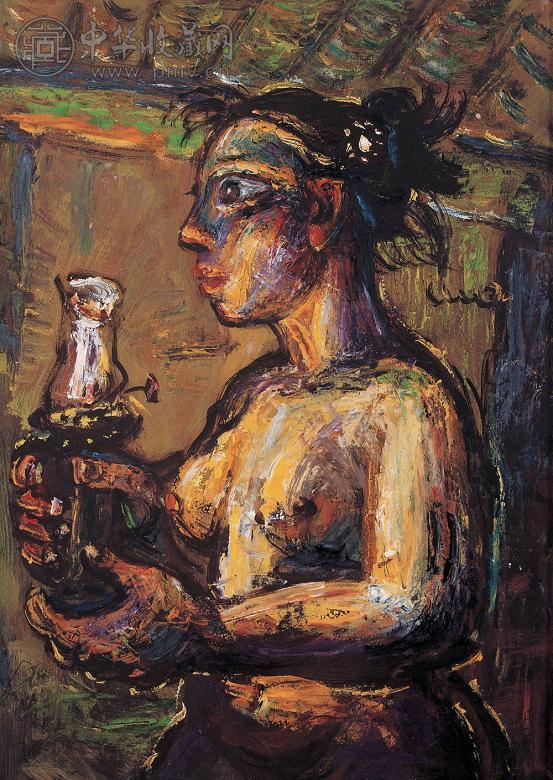 罗中立 少女点灯 布面 油画