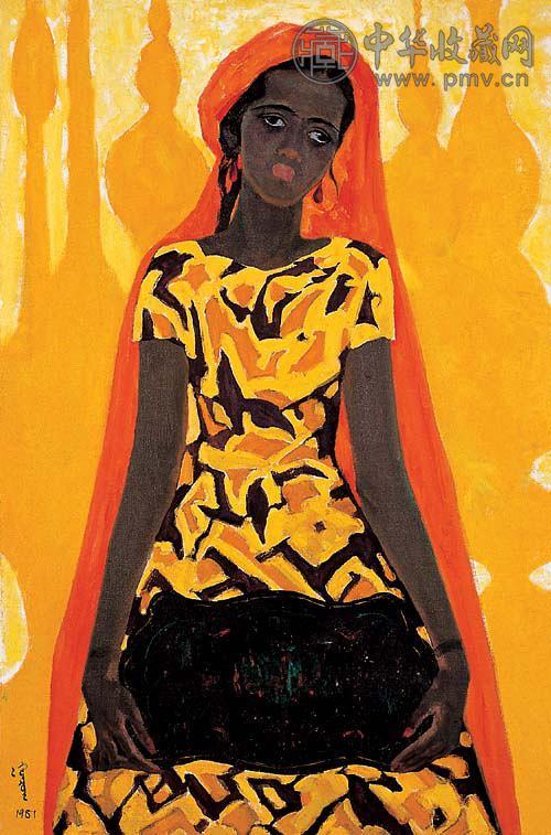 官其格 1981年作 拿茶盘的少女 布面油画