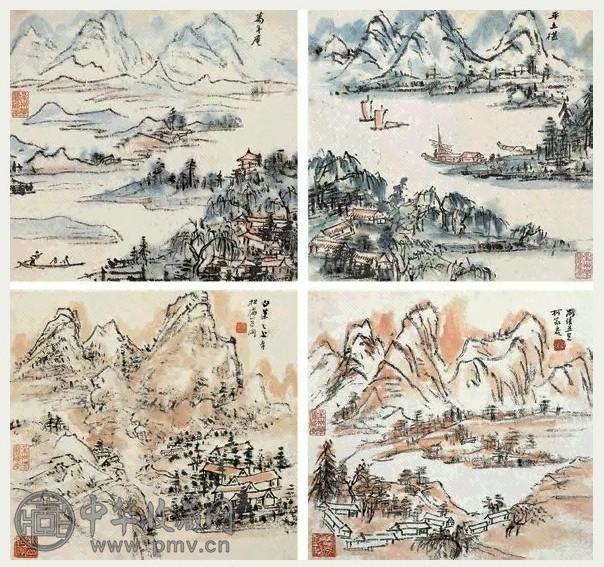 黄宾虹 山水册 册页(26开选4) 设色纸本 收藏资讯|艺术家|书画家|书画名人|书法家-中华收藏网