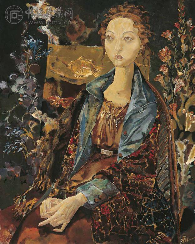 夏俊娜 1990年代作 带金鱼的女人 油彩 画布