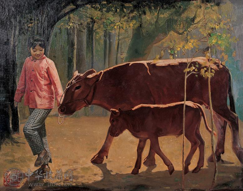 秦大虎 牵牛的女孩 布面 油画