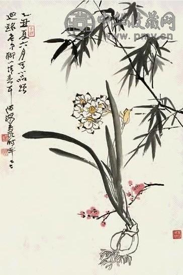 何海霞 梅竹水仙 镜心 设色纸本