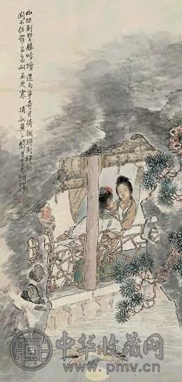 钱慧安 1908年作 月夜联句图 立轴 设色纸本