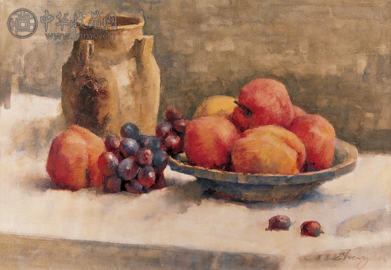 黄增炎 葡萄与桃子 水彩