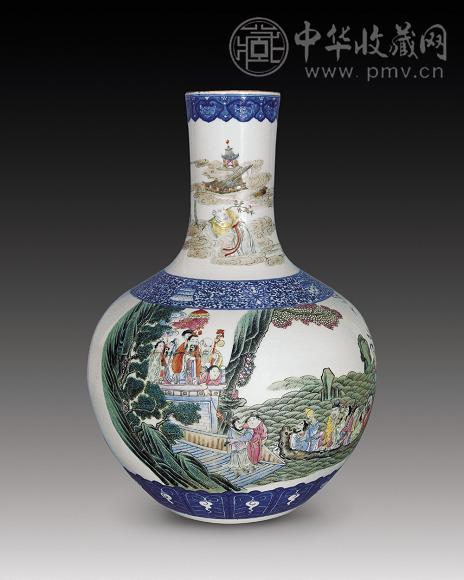清光绪 粉彩群仙加青花大天球瓶
