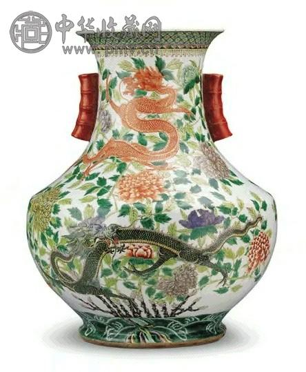 清晚期 五彩龙纹贯耳瓶