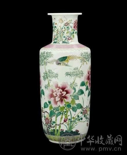 清 同治 粉彩花鸟棒槌瓶