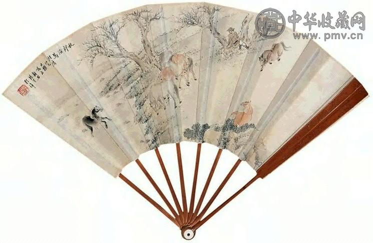 程璋 秋郊浴马、金文 扇面 设色纸本