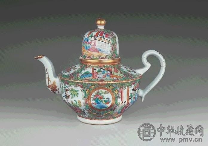 清中期 广彩人物花鸟茶壶