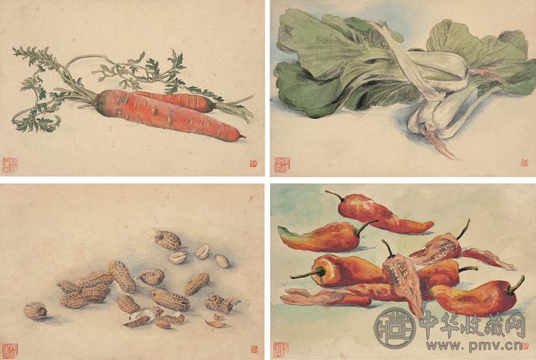 陶冷月 1920年作 蔬果(4幅) 纸本 水彩