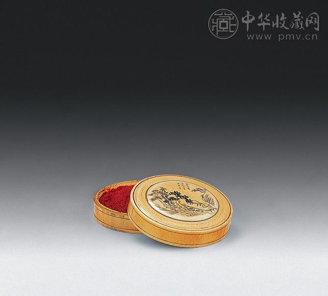 清 象牙雕山水人物印泥盒