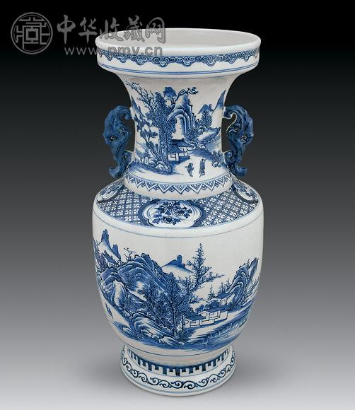 旧家蔵出『清 石紋釉開光粉彩山水風景図双耳瓶 乾隆