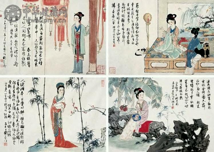 刘旦宅 1997年 四美图 片连框 四片 设色纸本
