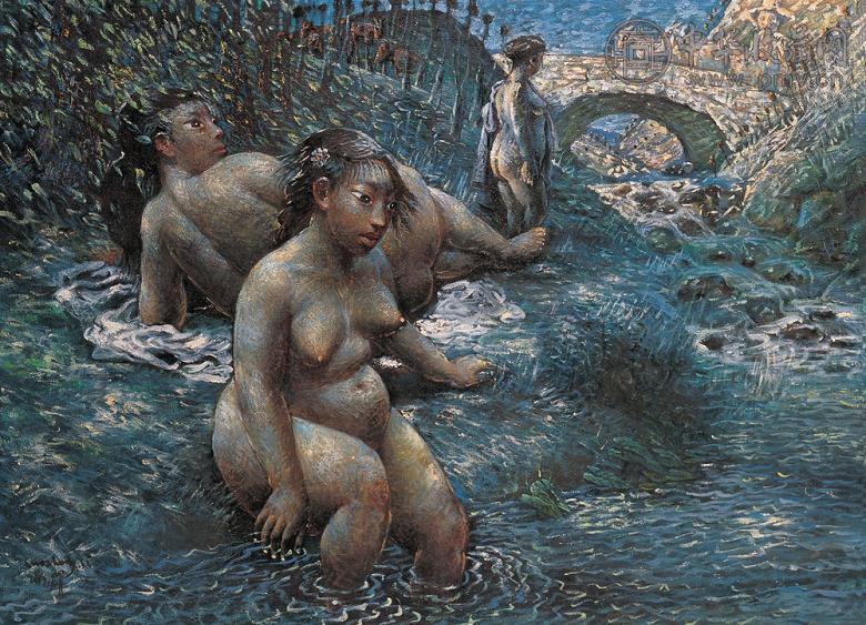 罗中立 1993年作 石桥畔浴女 油彩 布面