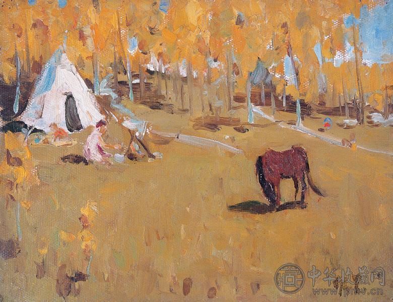 葛维墨 1962年 伊犁秋季牧场 纸面 油画