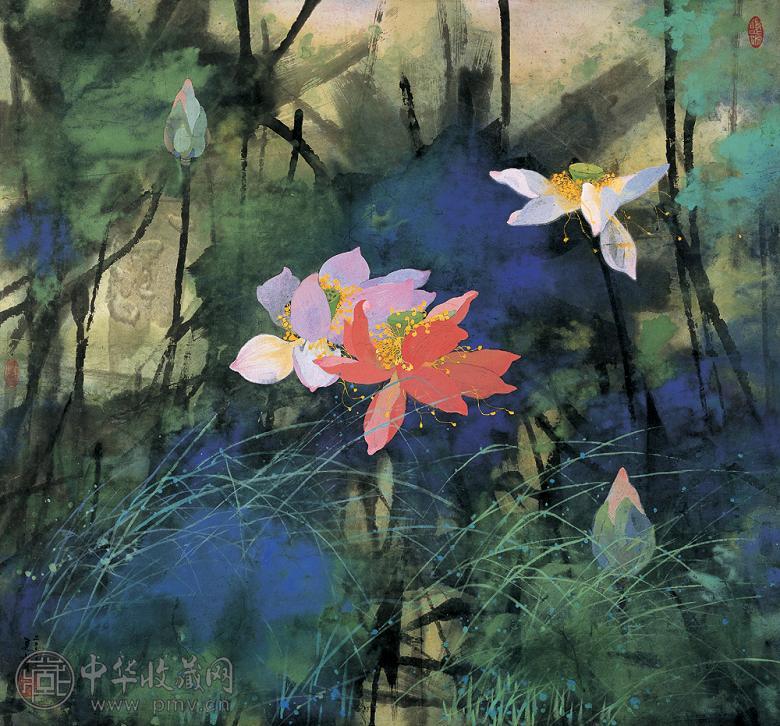 袁运甫 2006年作 翠溢红花 纸上 墨彩