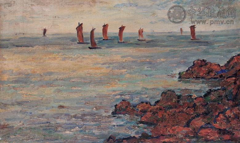 刘海粟 1976年作 太湖帆影 布面 油画