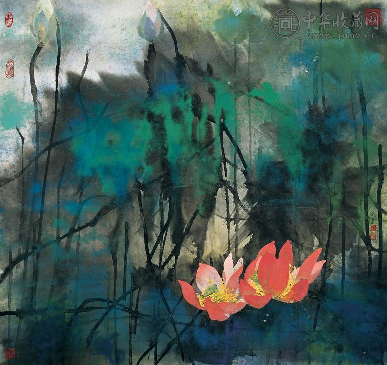 袁运甫 2006年作 绿阴双红 纸上 墨彩