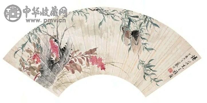 江寒汀 1947年 柳蓼鸣蝉 扇面 纸本设色
