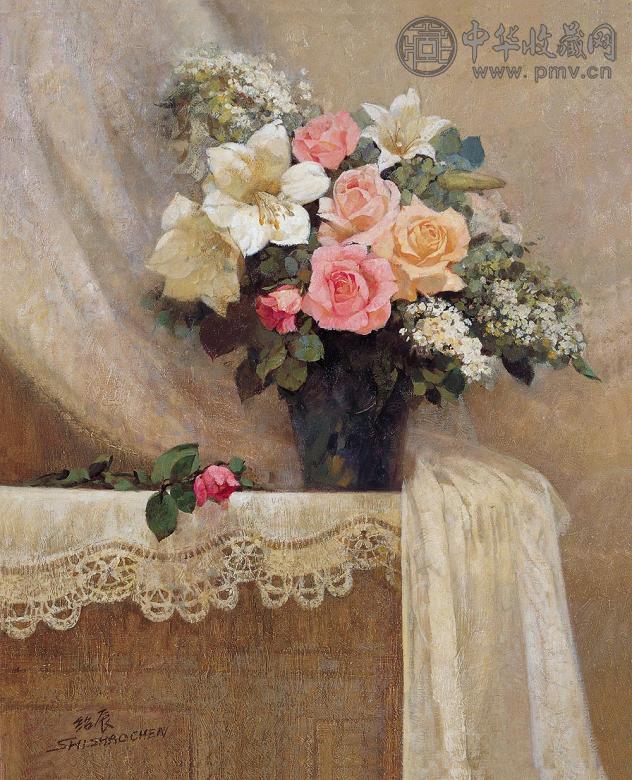 施绍辰 窗纱玫瑰 布面油画