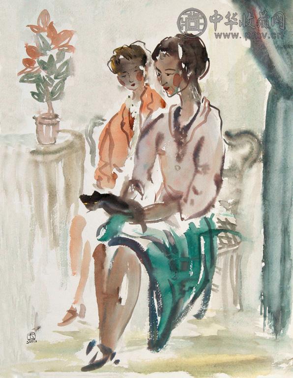 常玉 40年代作 姐妹闲情 纸本彩墨