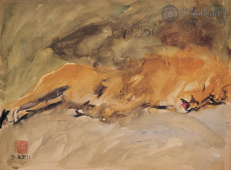 沙耆 睡狮 纸上 水彩