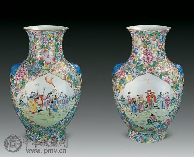 民国 粉彩开光八仙祝寿图百花不落地大瓶(1对)