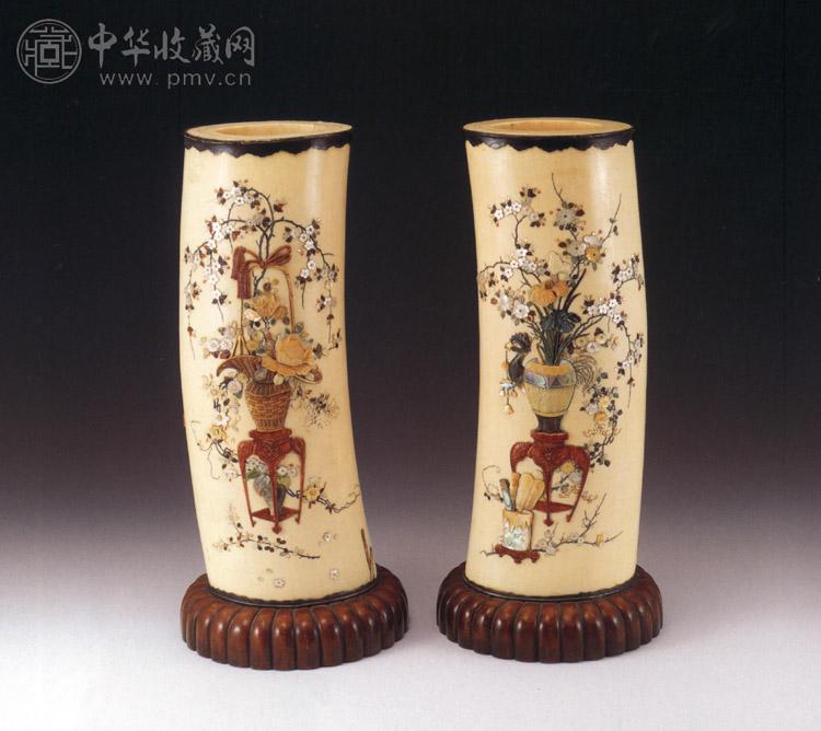 清晚期 象牙嵌百宝博古花鸟筒(2件)