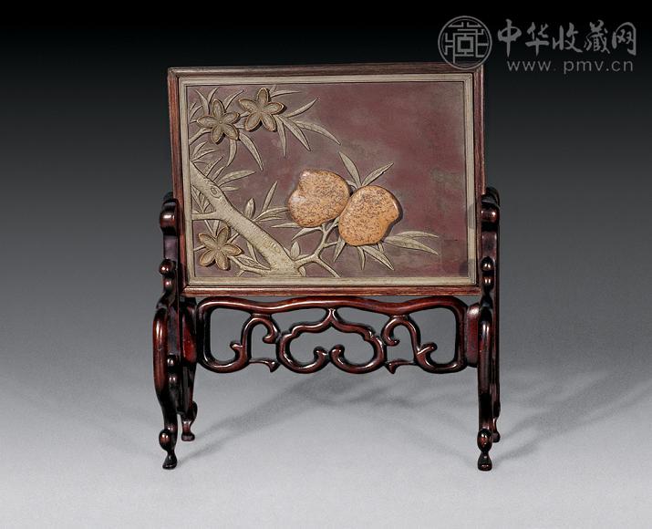 清 端石刻双桃题诗小插屏