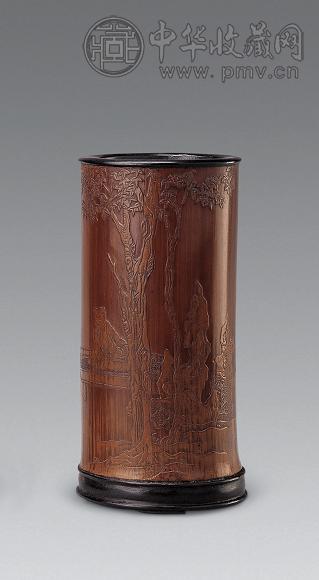 清中期 竹雕品茗图笔筒