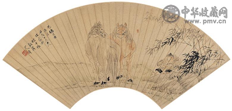 倪田 竹阴散牧 扇面 设色泥金