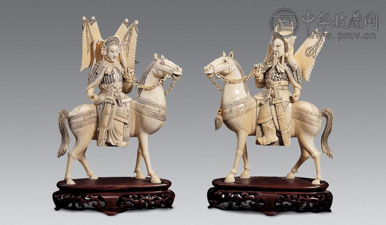 清 象牙雕骑马夫妻武将(1对)