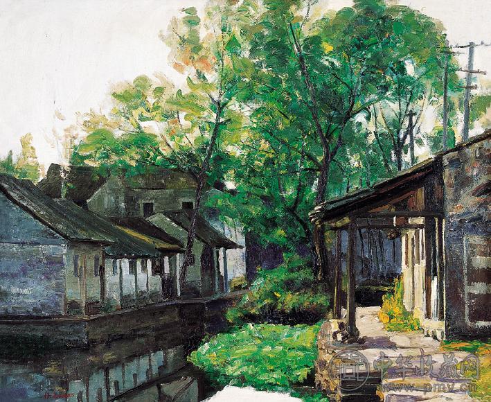 杨尧 2000年 水乡小镇 布面油画