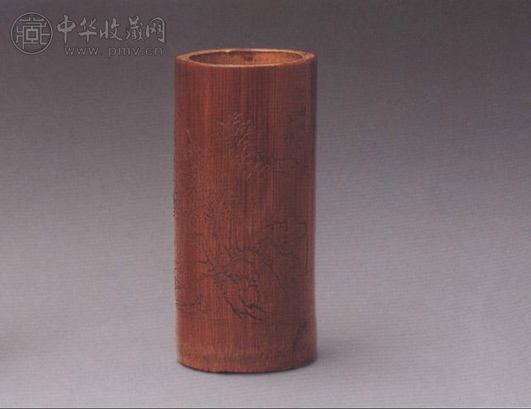 清中期 子松款竹雕山水图小笔筒