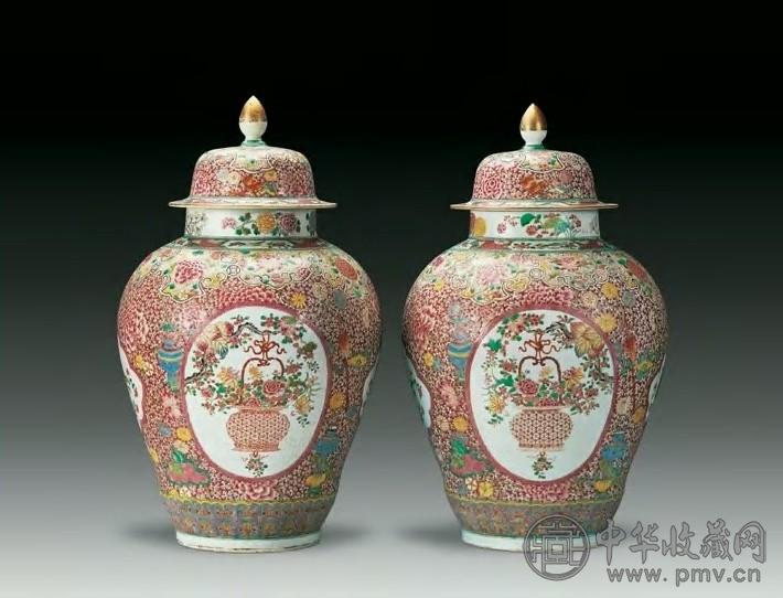 清光绪 料彩开光花卉盖罐(1对)
