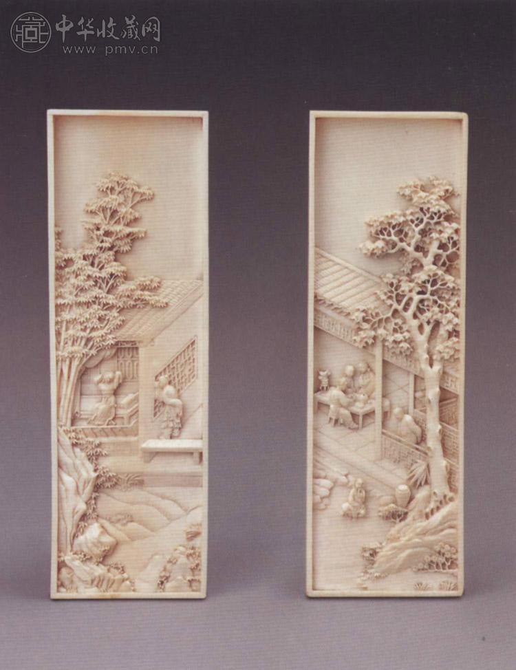 清 象牙雕庭院人物图镇纸(1对)