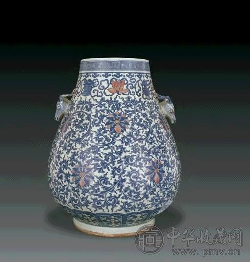 清光绪 青花釉里红缠枝莲鹿头尊