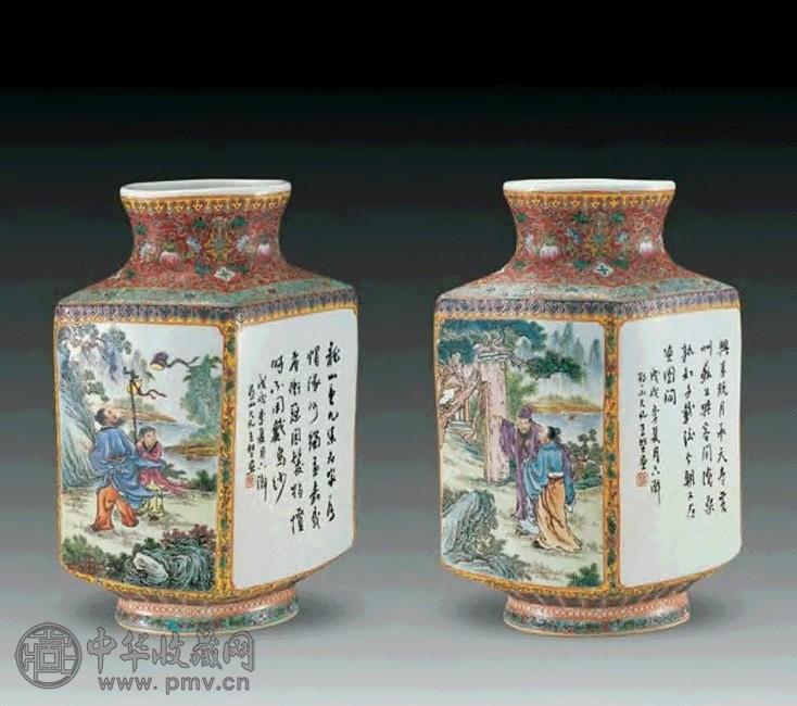 民国 粉彩人物诗文四棱瓶