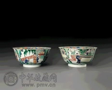 清康熙 五彩西厢记人物图大碗(1对)