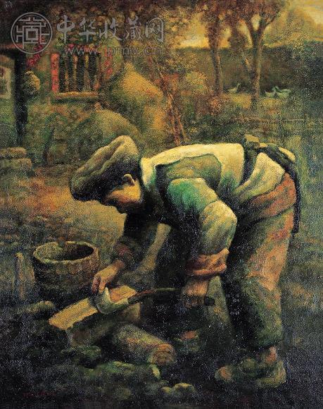 杨潇湘 2002年 山里磨刀人 布面油画