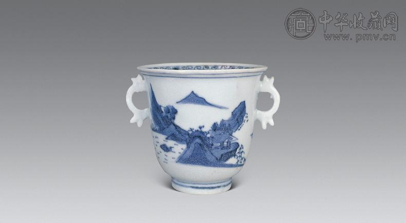 明万历 青花山水铃铛杯