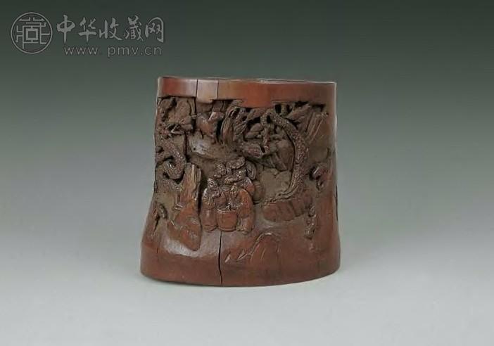 清 竹雕人物诗文笔筒