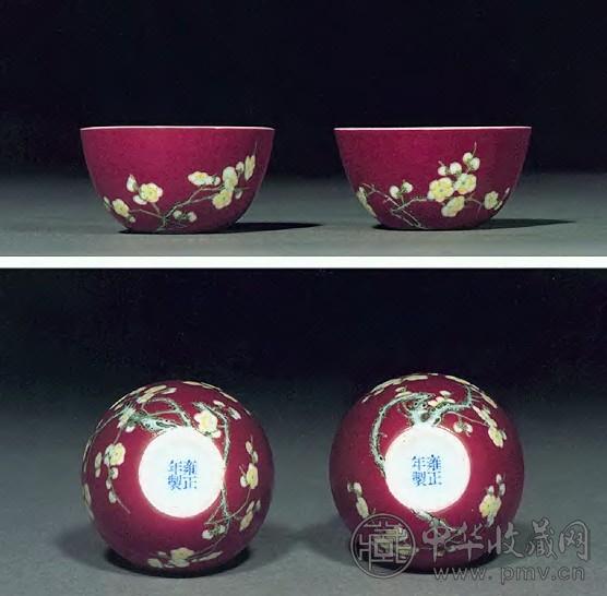 清雍正 珐琅彩胭脂红地梅花图小杯(1对)