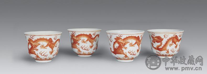清宣统 矾红龙纹杯(4只)