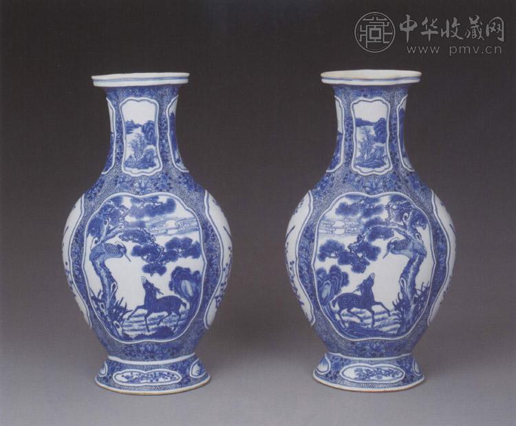 清乾隆 青花开光鹤鹿同春瓶(1对)